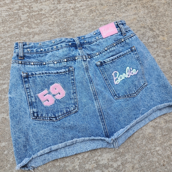 BARBIE Forever 21 Denim Jean Mini Skirt‎ Rhinestone Sequins, Size L - Picture 1 of 9